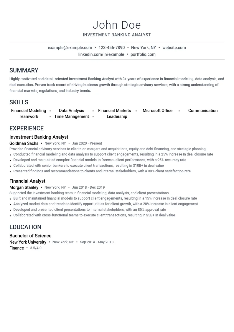 Investment Banking Analyst resume example