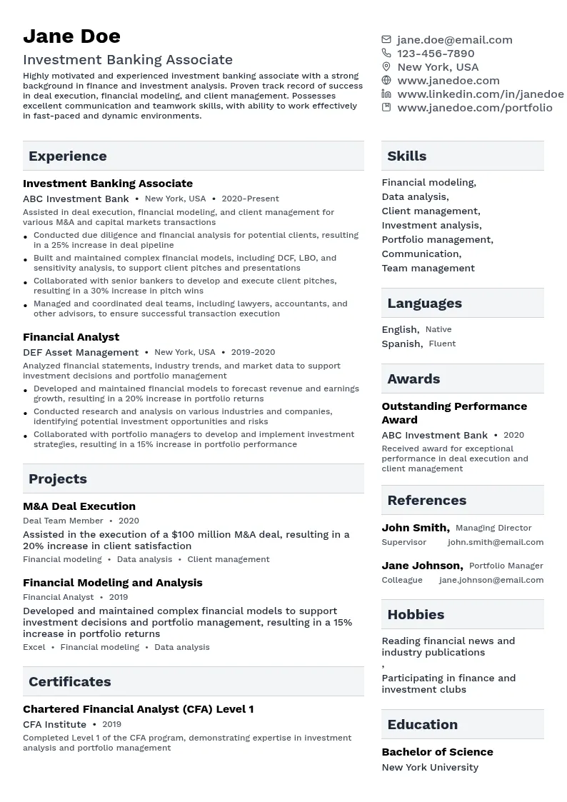 Investment Banking Associate resume example