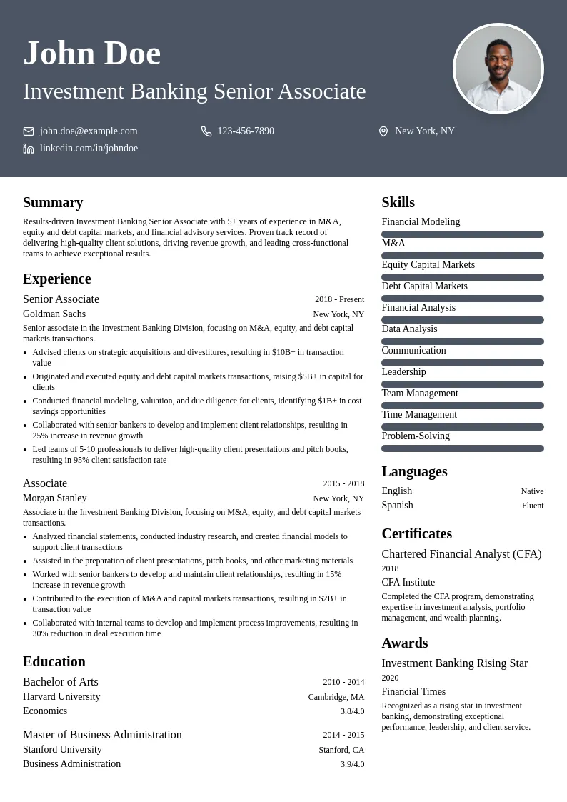 Investment Banking Senior Associate resume example