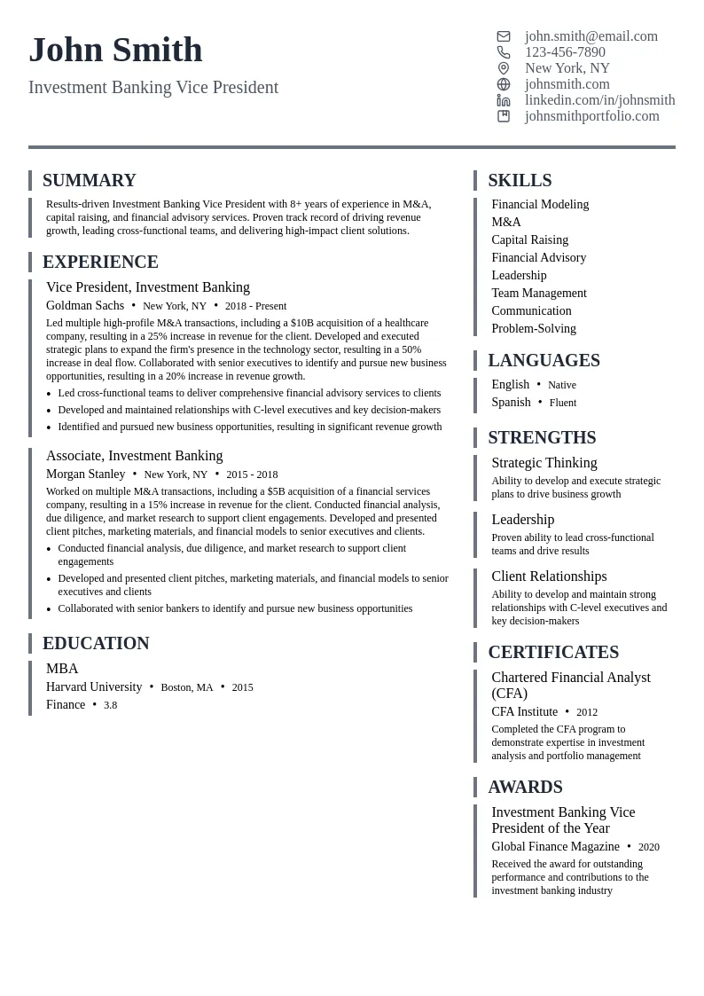 Investment Banking Vice President resume example