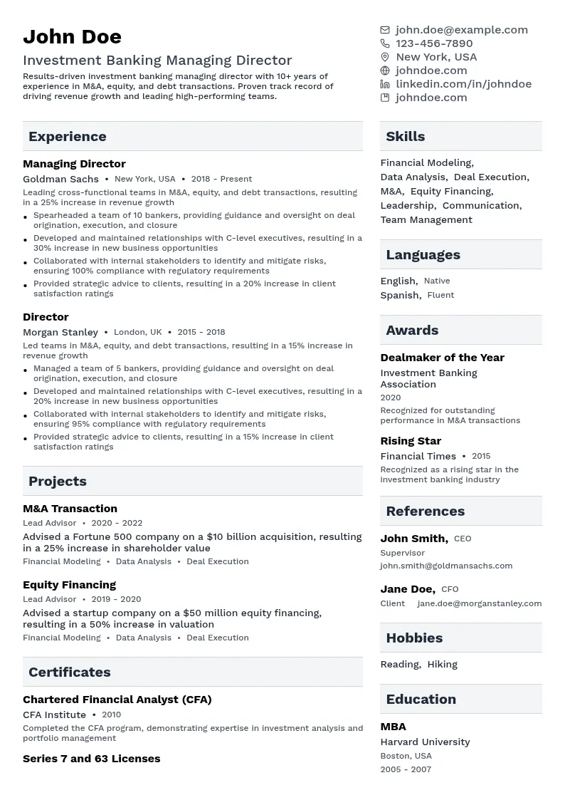 Investment Banking Managing Director resume example