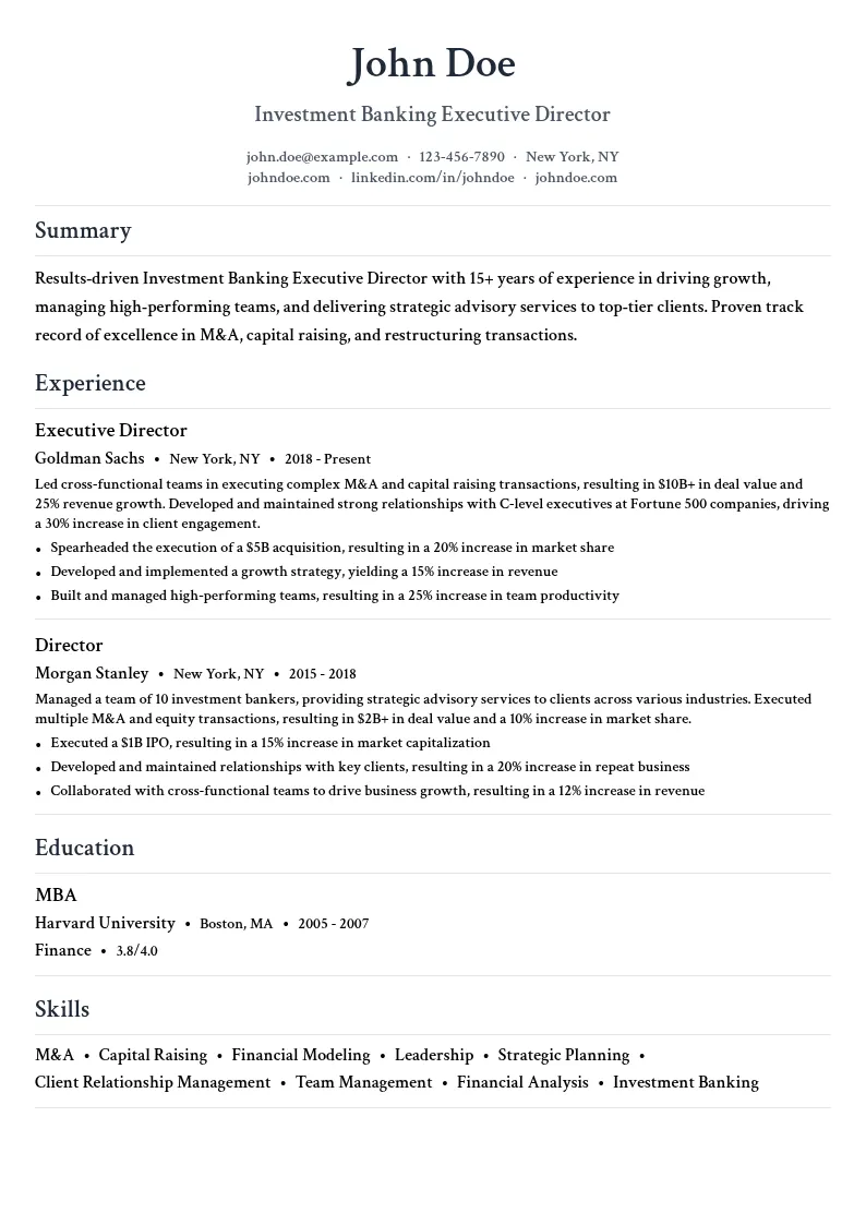 Investment Banking Executive Director resume example