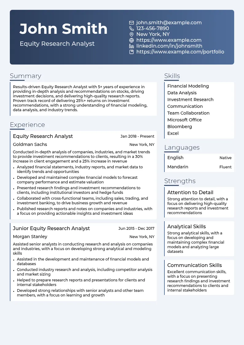 Equity Research Analyst resume example