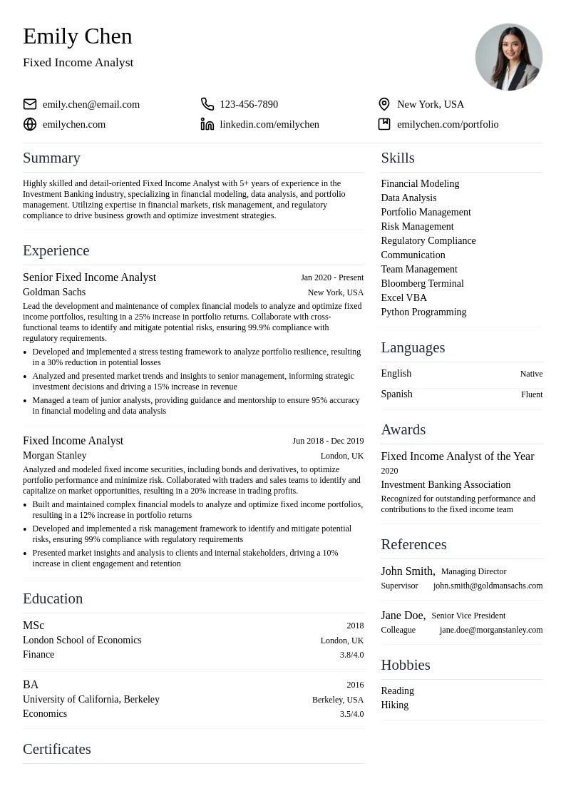 Fixed Income Analyst resume example