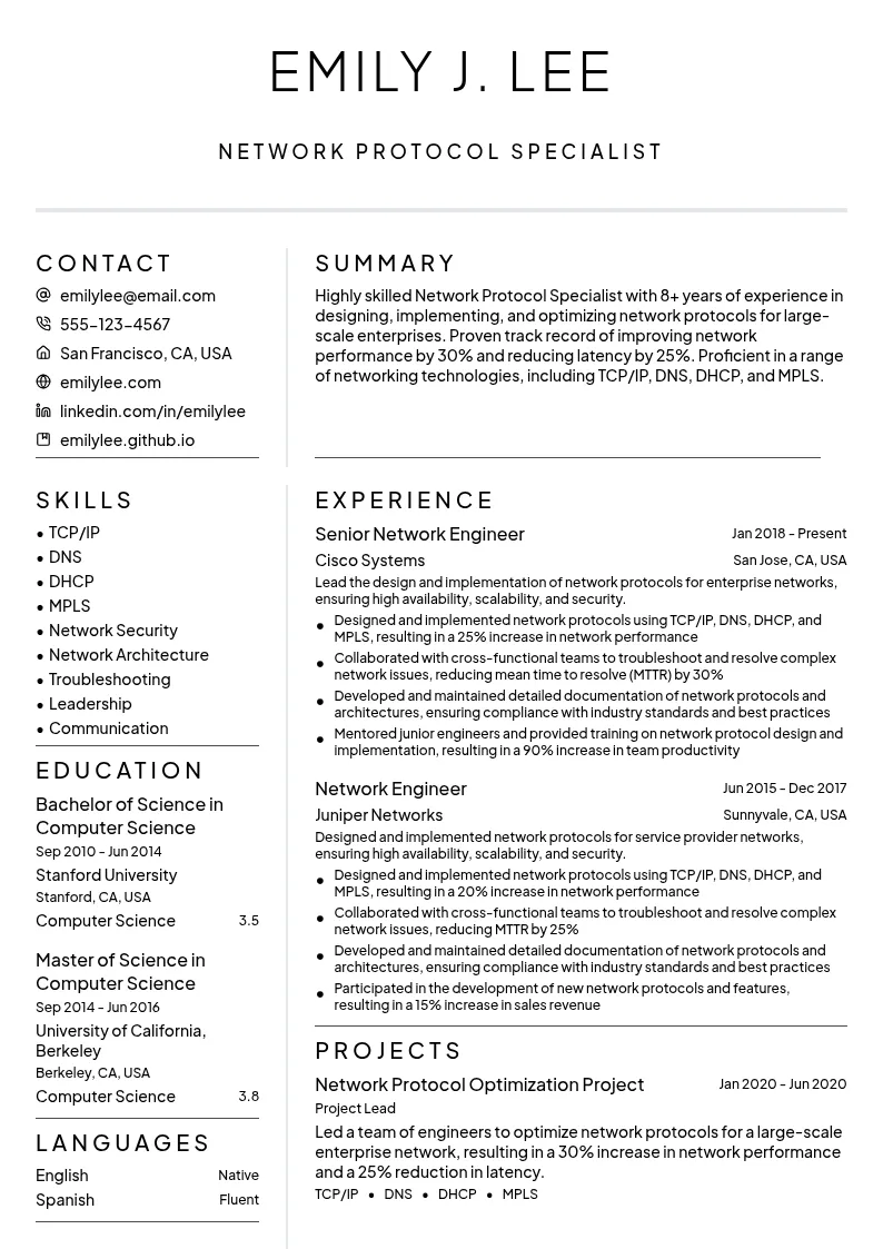 Network Protocol Specialist resume example