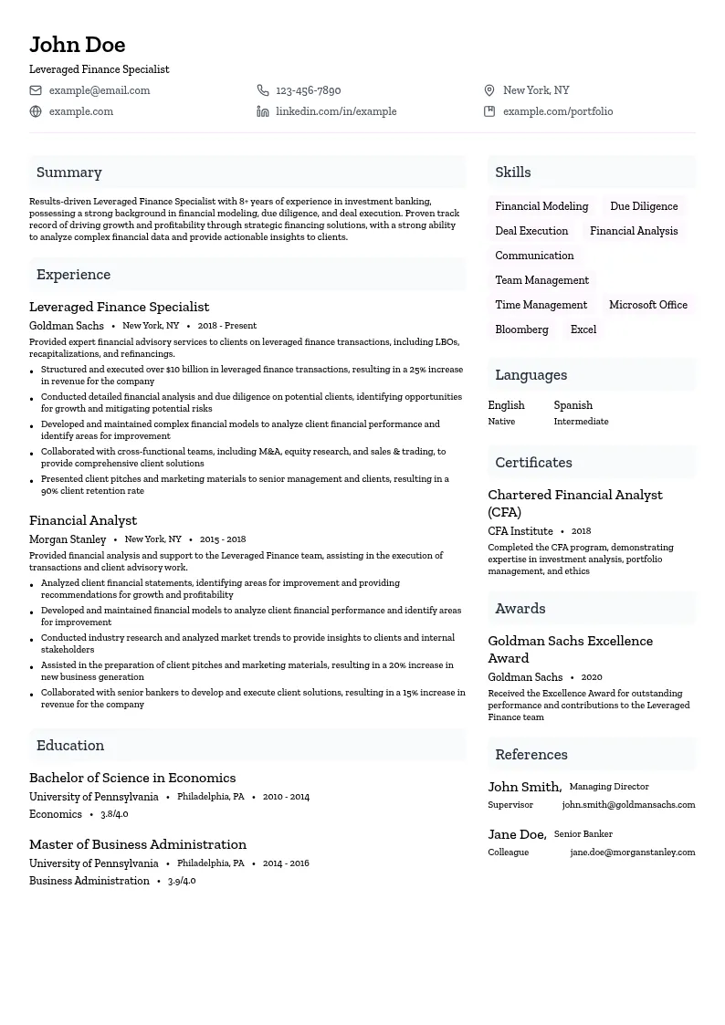 Leveraged Finance Specialist resume example