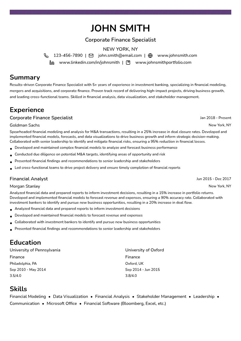 Corporate Finance Specialist resume example