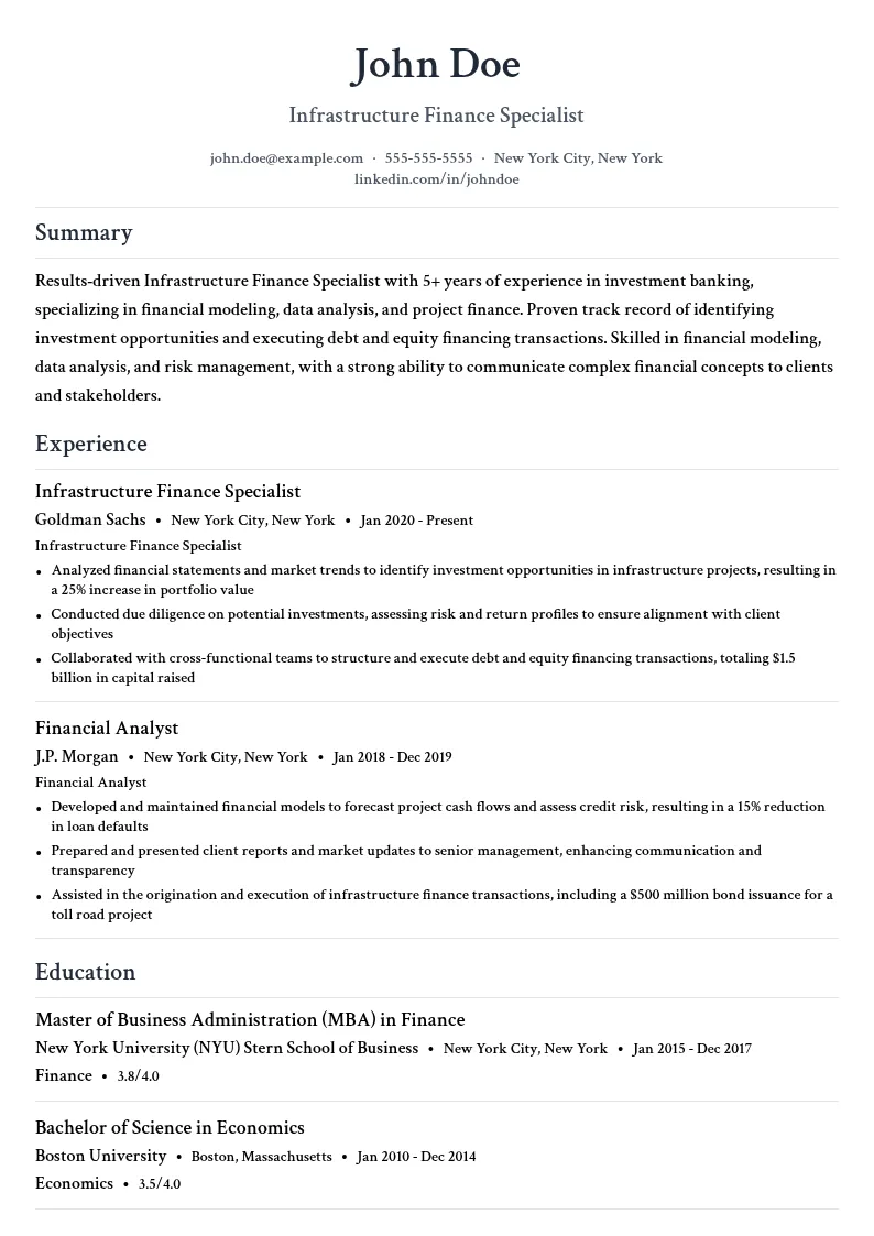 Infrastructure Finance Specialist resume example