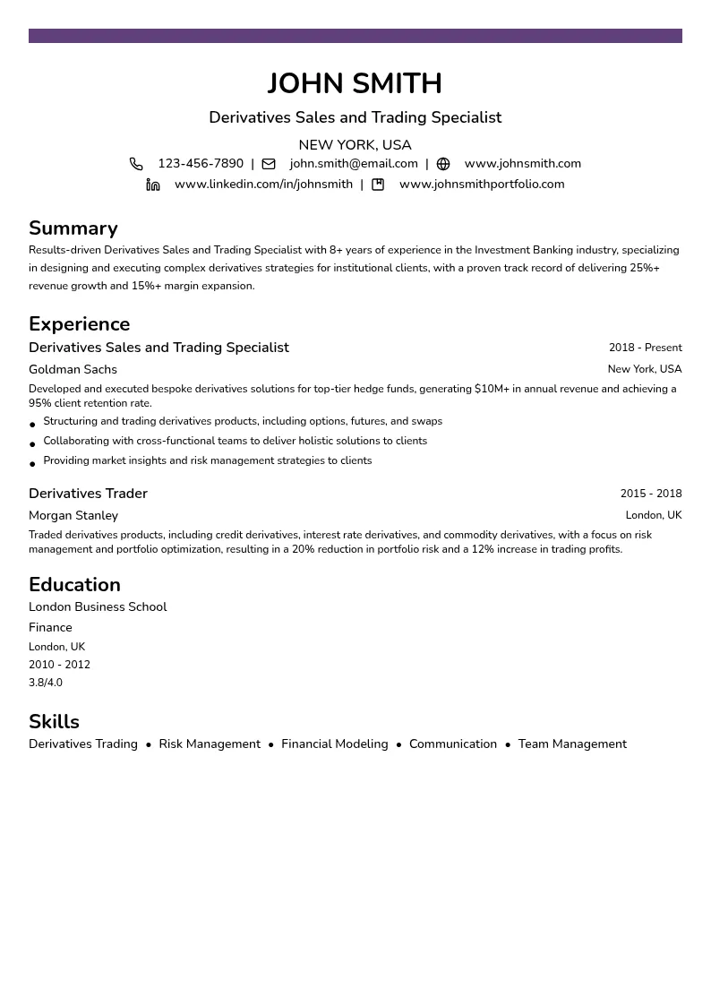 Derivatives Sales and Trading Specialist resume example