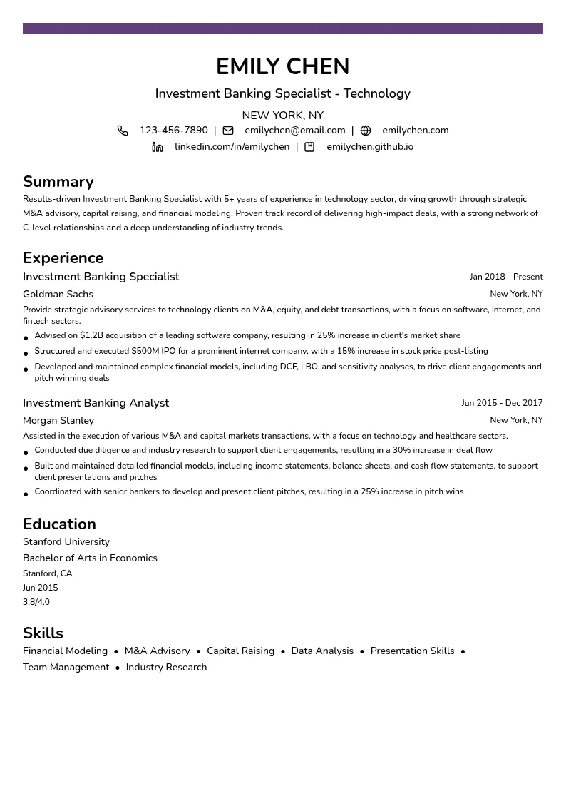 Investment Banking Specialist - Technology resume example