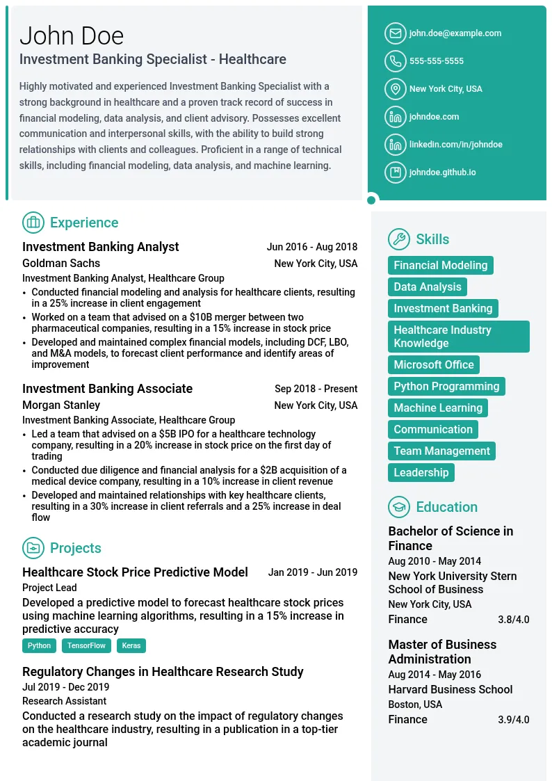 Investment Banking Specialist - Healthcare resume example