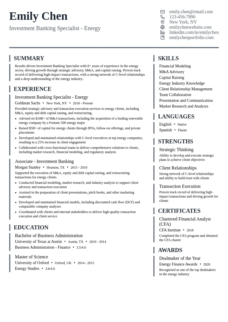Investment Banking Specialist - Energy resume example