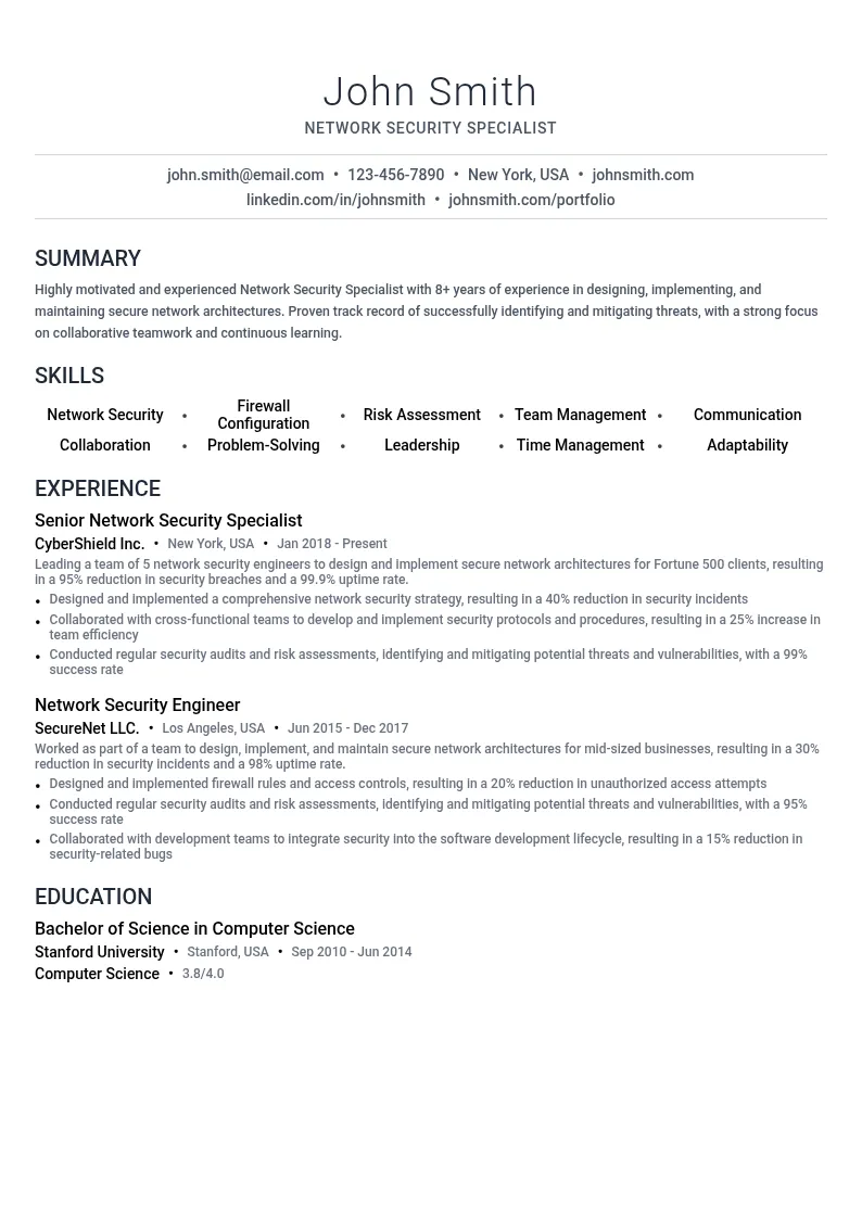 Network Security Specialist resume example