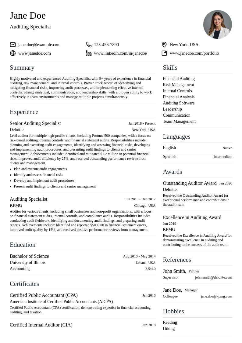Auditing Specialist resume example