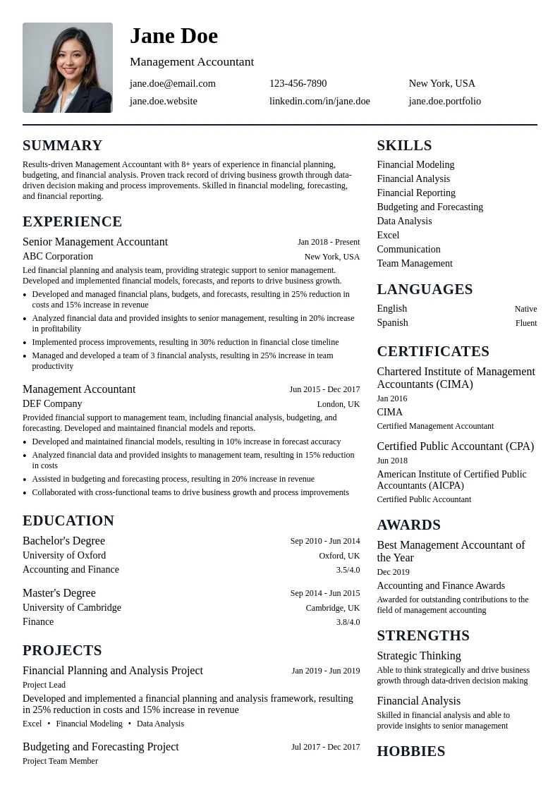 Management Accountant resume example