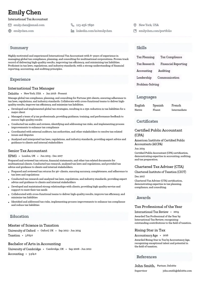International Tax Accountant resume example