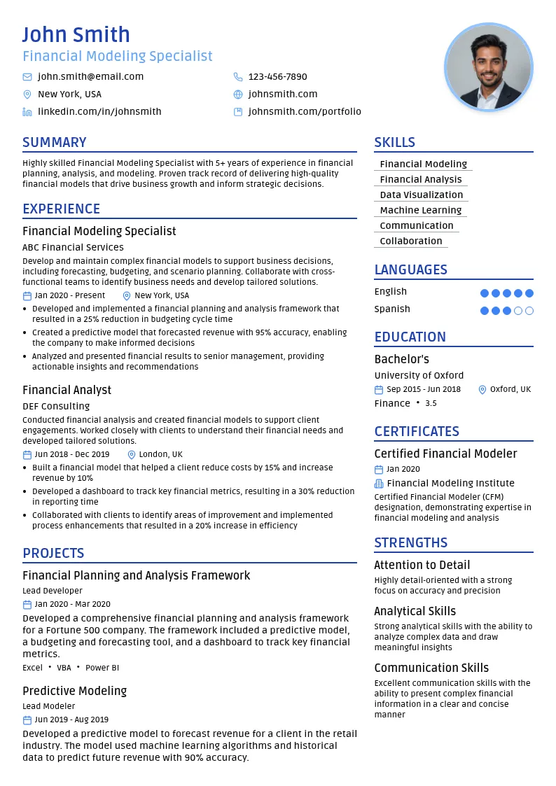 Financial Modeling Specialist resume example