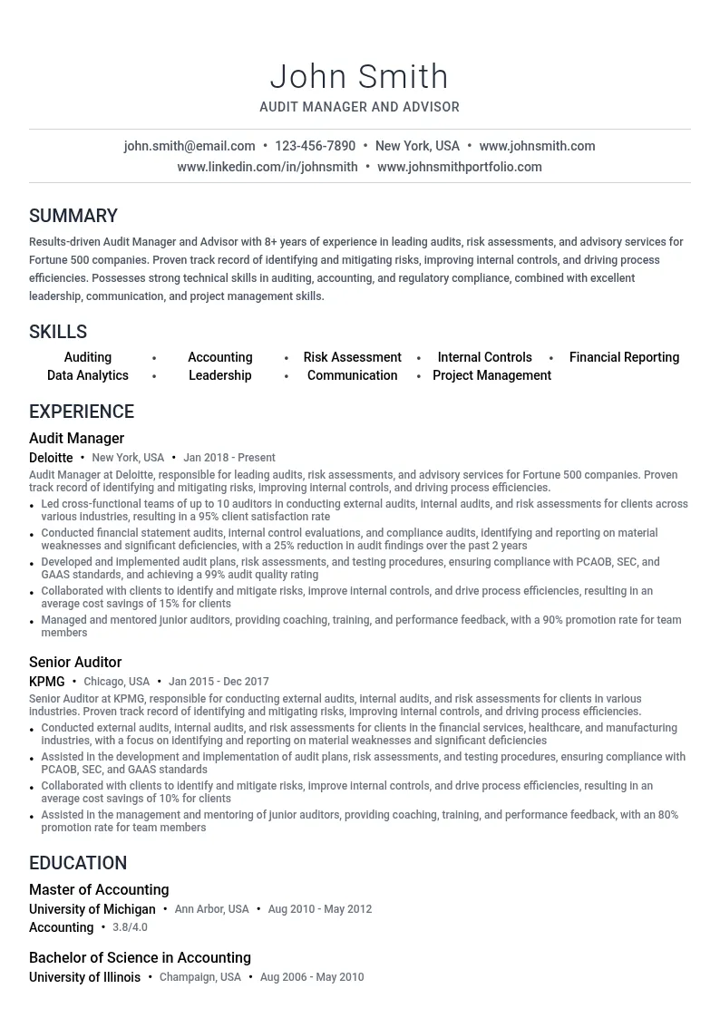Audit Manager and Advisor   resume example