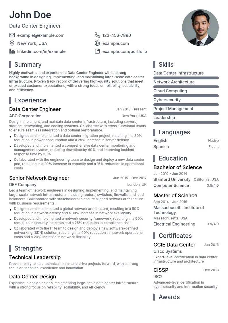 Data Center Engineer resume example