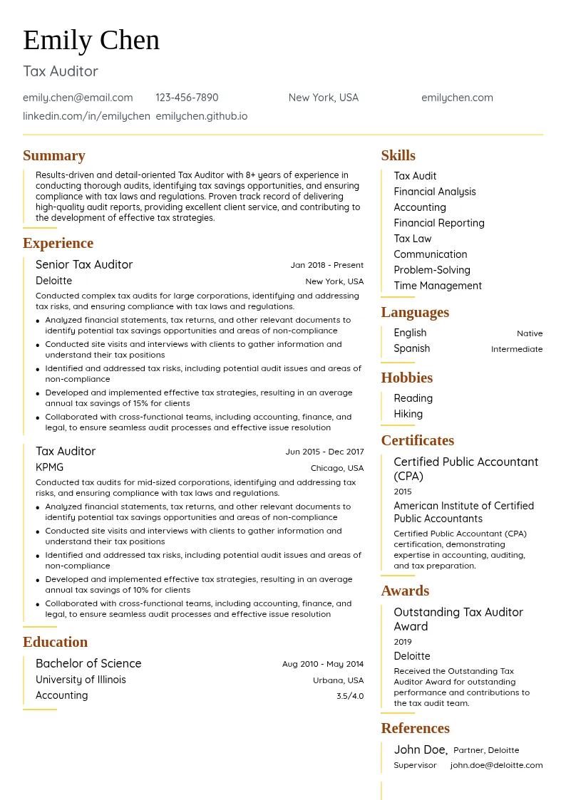 Tax Auditor resume example