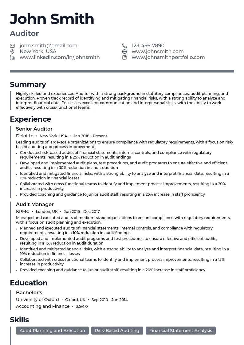 Auditor - Statutory Compliances resume example
