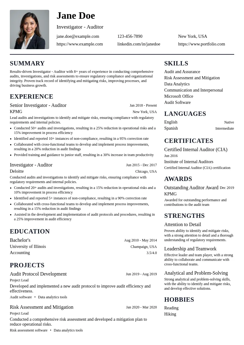 Investigator - Auditor resume example