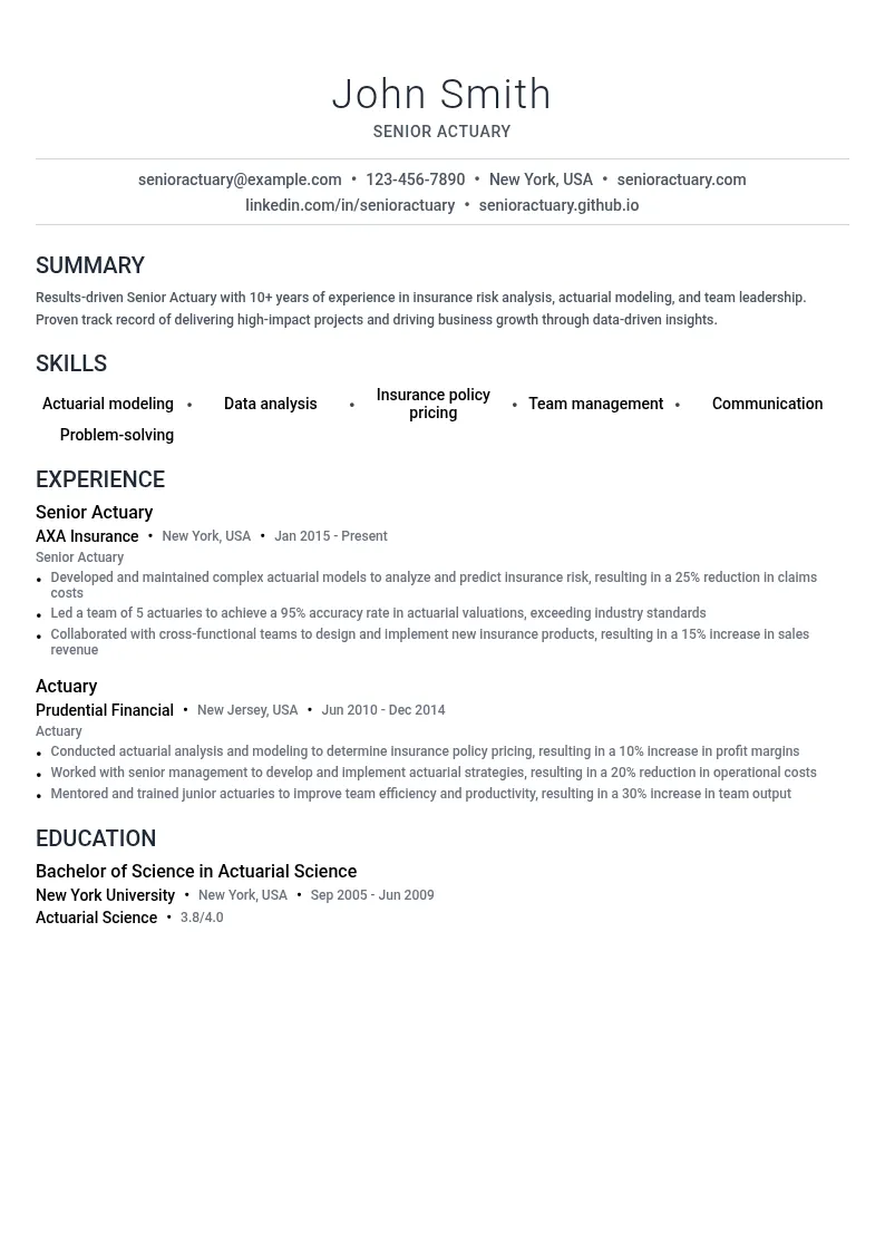 Senior Actuary resume example