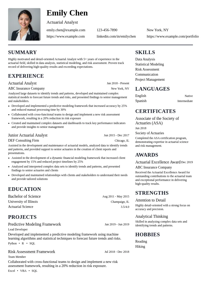 Actuarial Analyst resume example