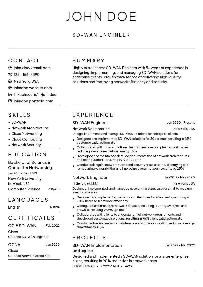 SD-WAN Engineer resume example