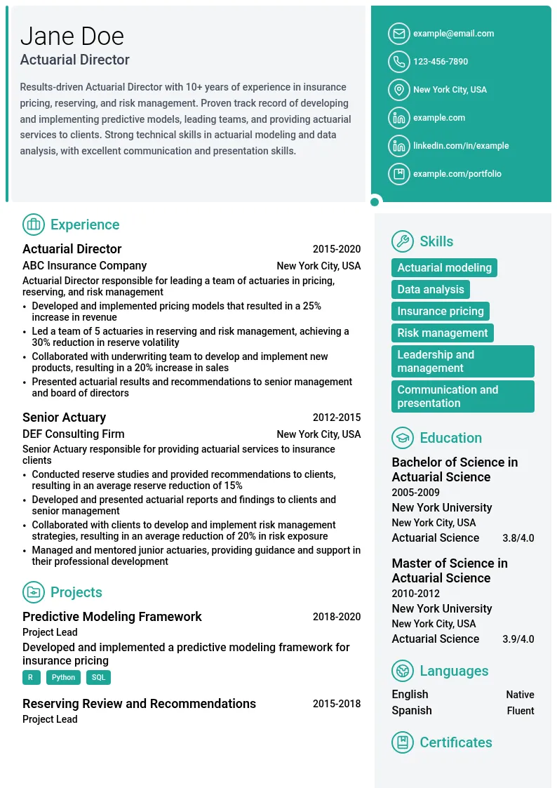 Actuarial Director resume example