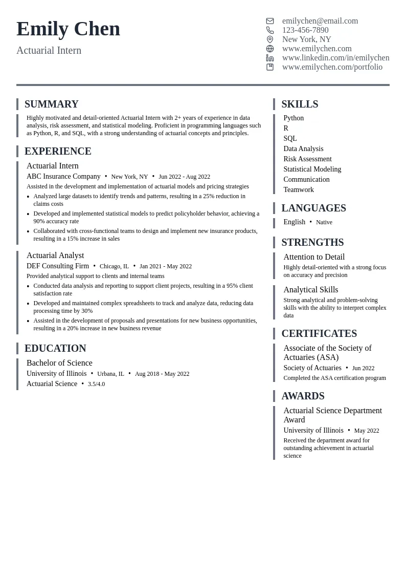 Actuarial Intern resume example