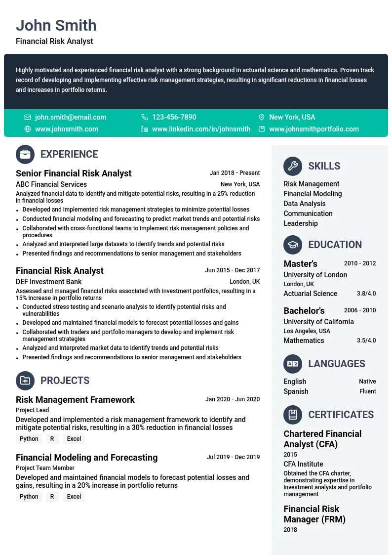 Financial Risk Analyst resume example