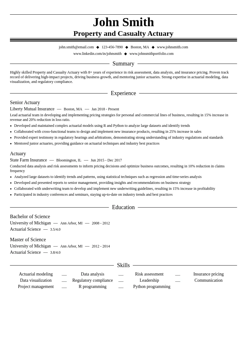 Property and Casualty Actuary resume example