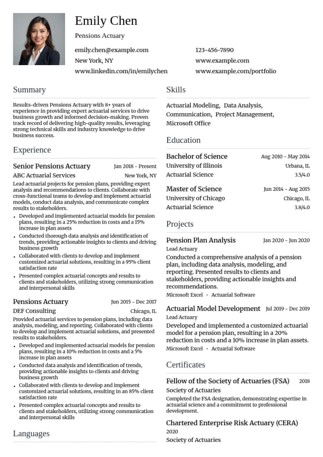 Pensions Actuary resume example