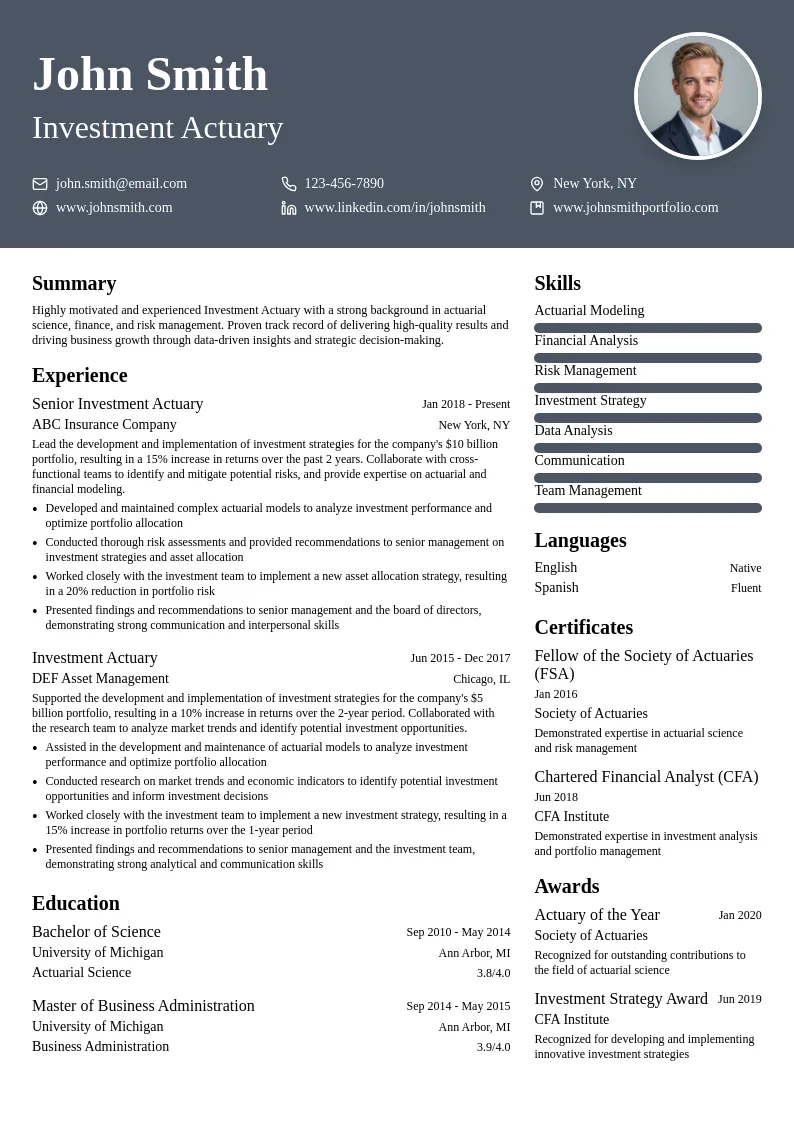 Investment Actuary resume example