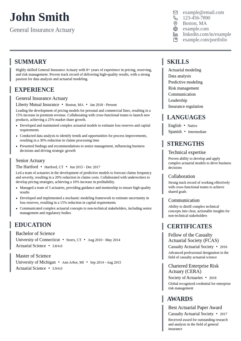 General Insurance Actuary resume example