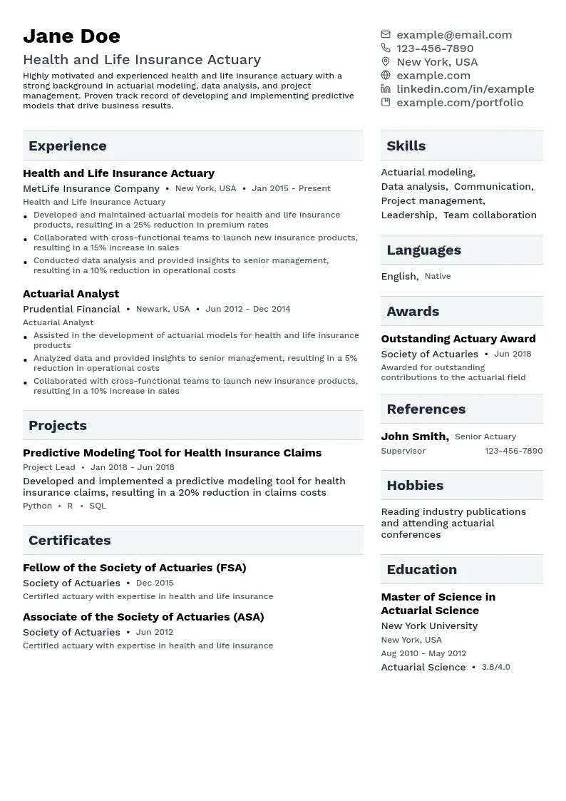 Health and Life Insurance Actuary resume example