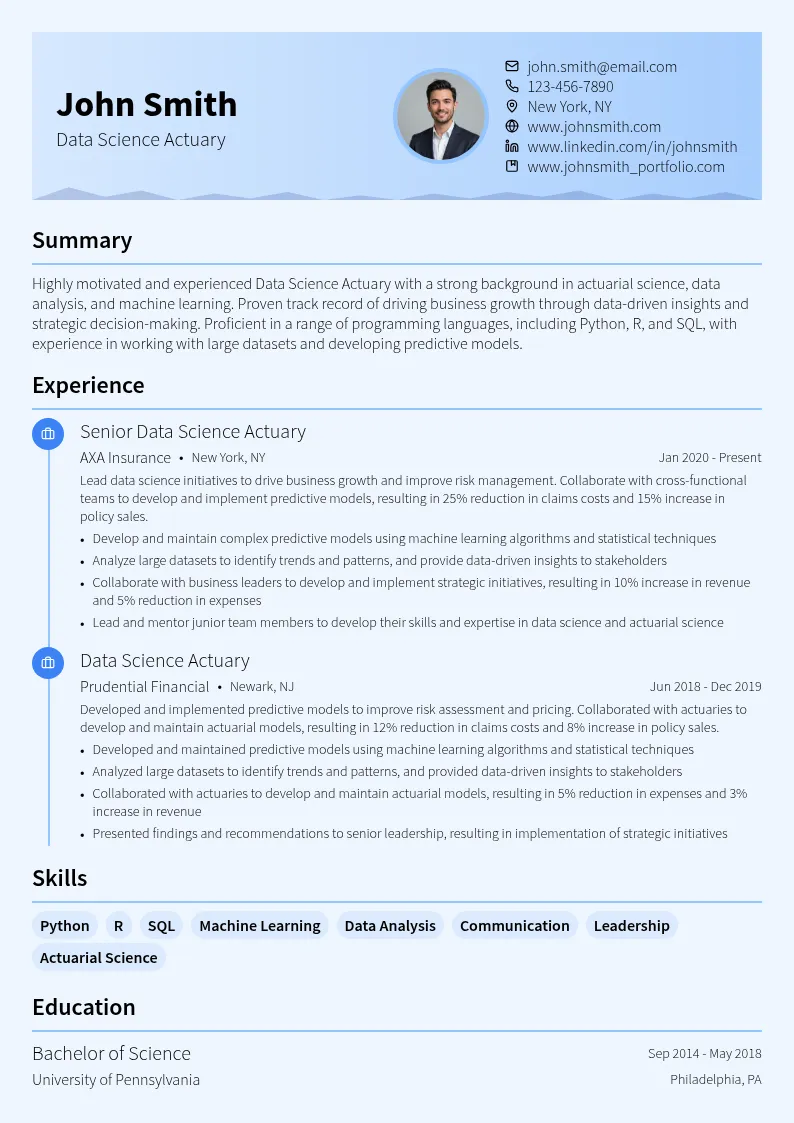 Data Science Actuary resume example