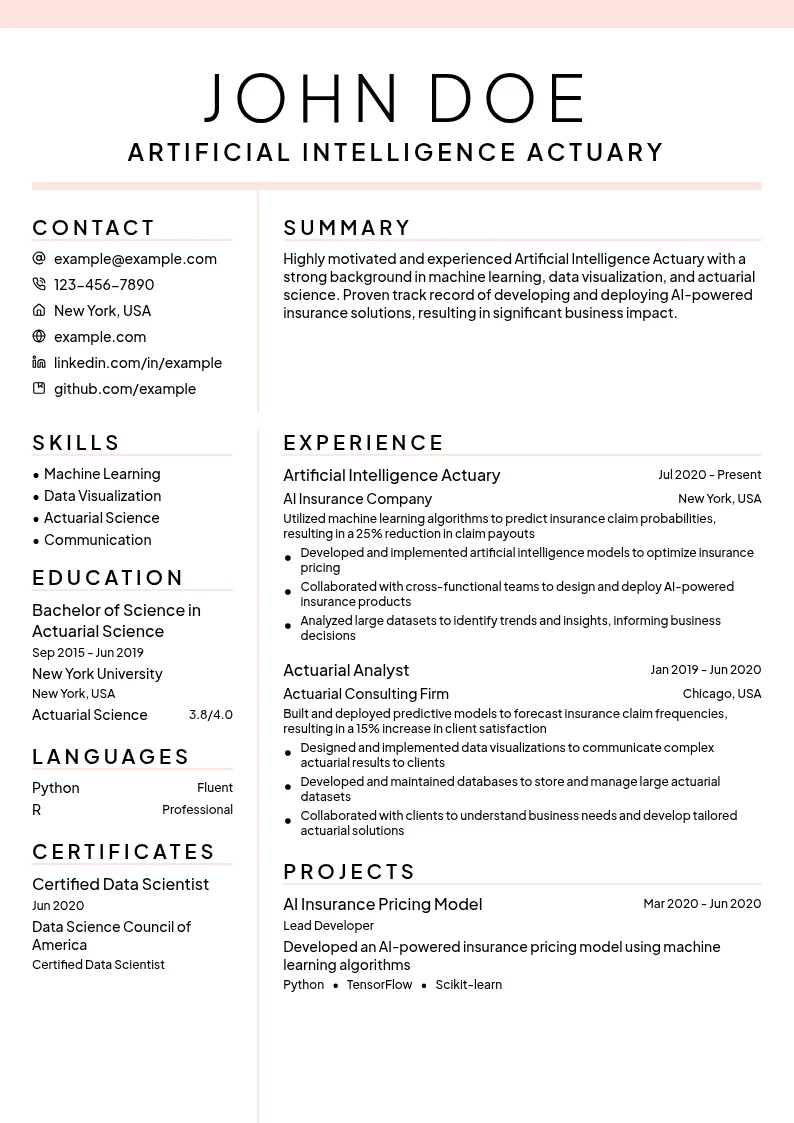 Artificial Intelligence Actuary resume example