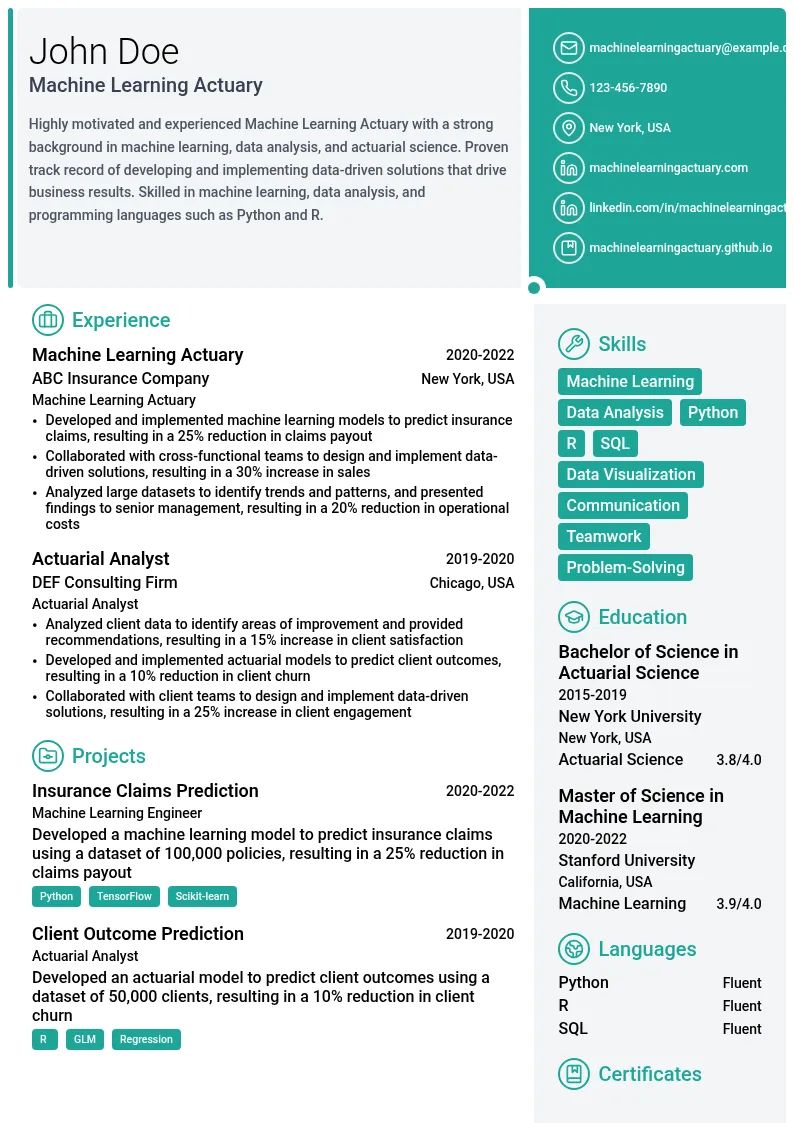 Machine Learning Actuary resume example