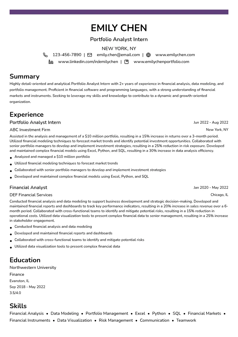 Portfolio Analyst Intern resume example