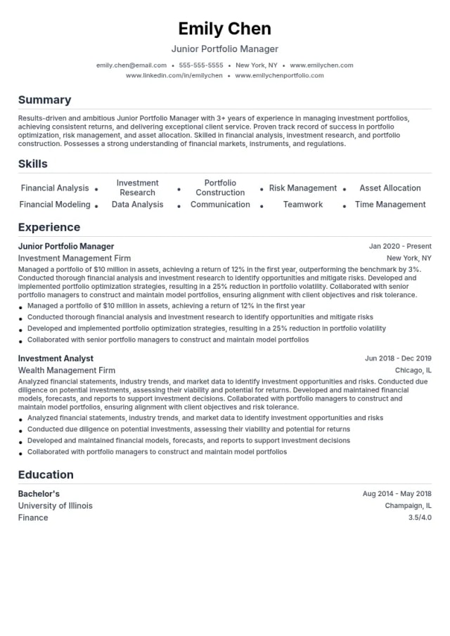 Junior Portfolio Manager resume example