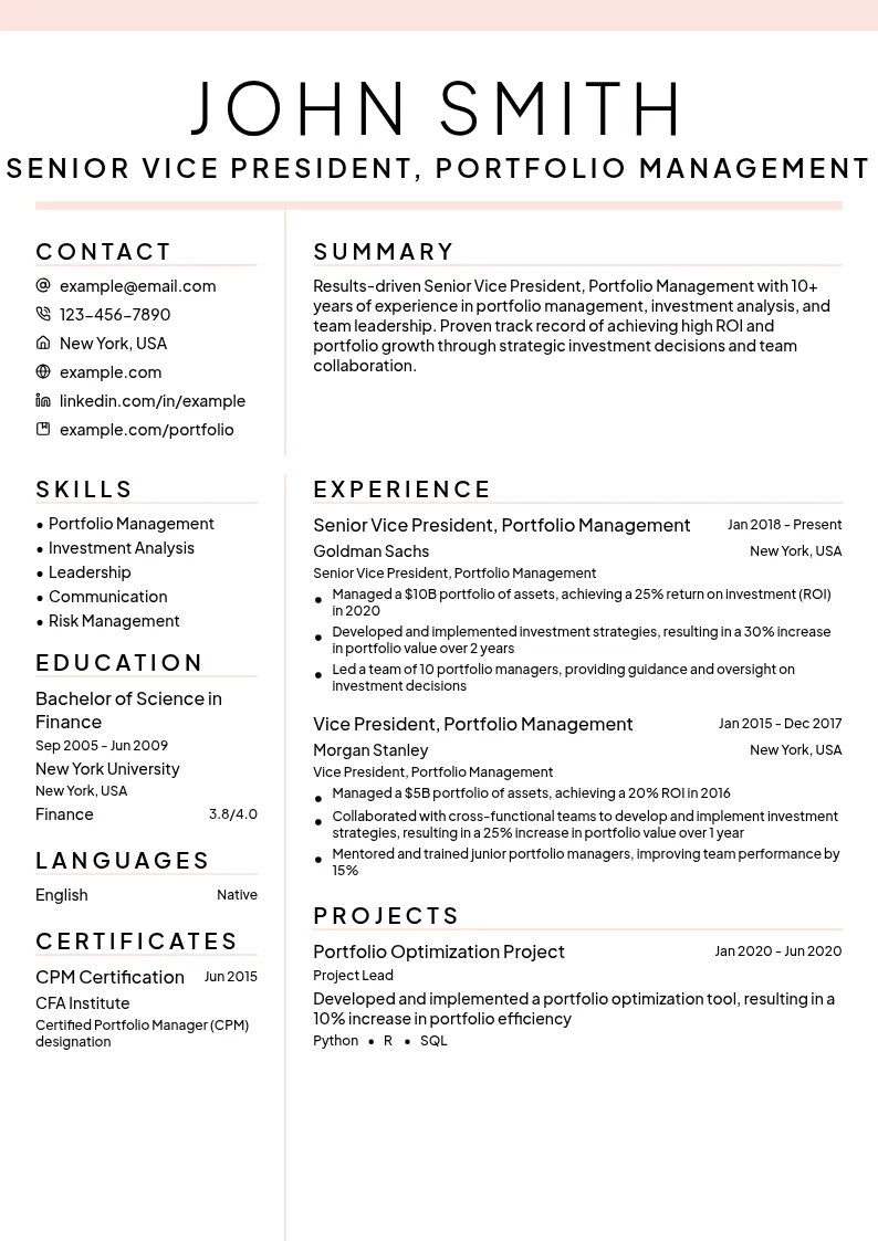 Senior Vice President, Portfolio Management resume example