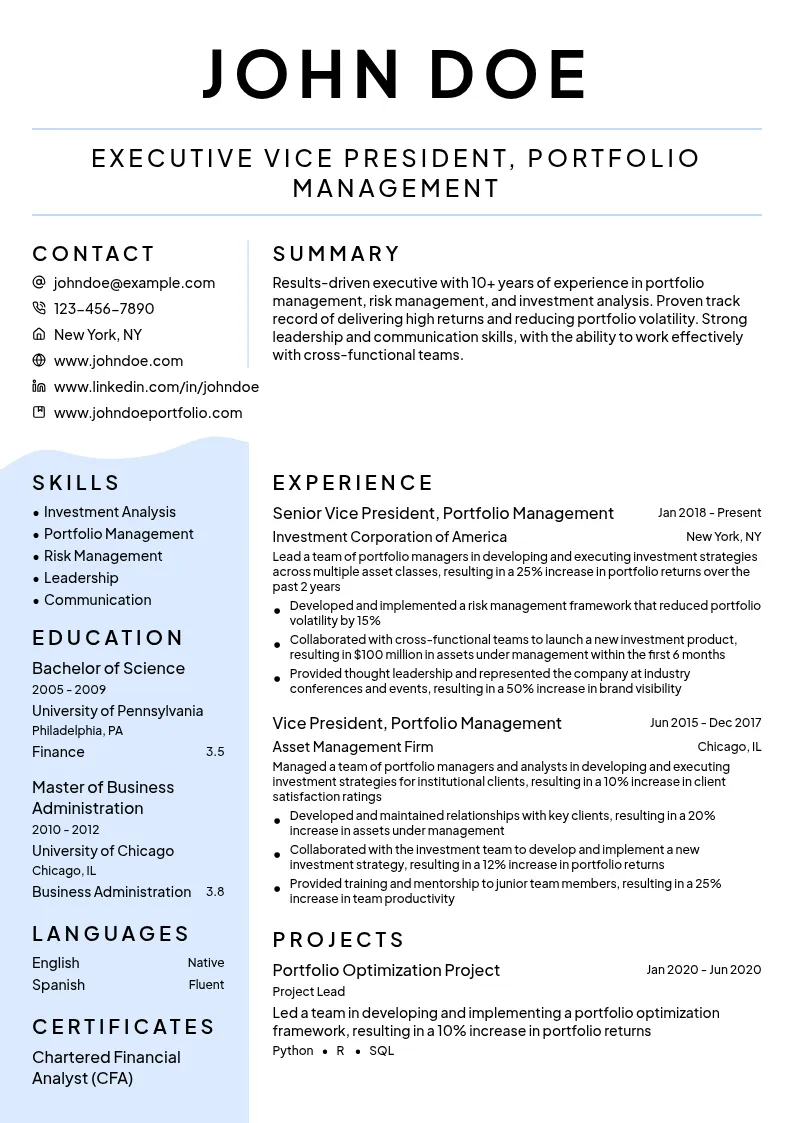 Executive Vice President, Portfolio Management resume example