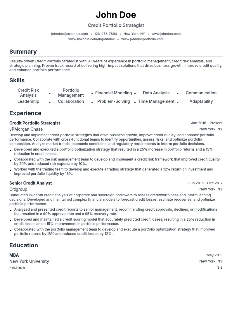 Credit Portfolio Strategist resume example