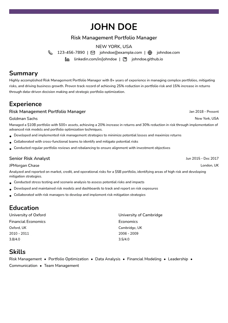 Risk Management Portfolio Manager resume example
