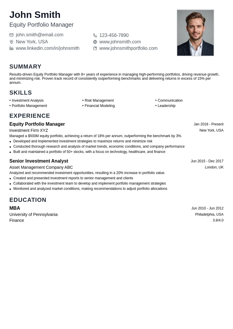 Equity Portfolio Manager resume example
