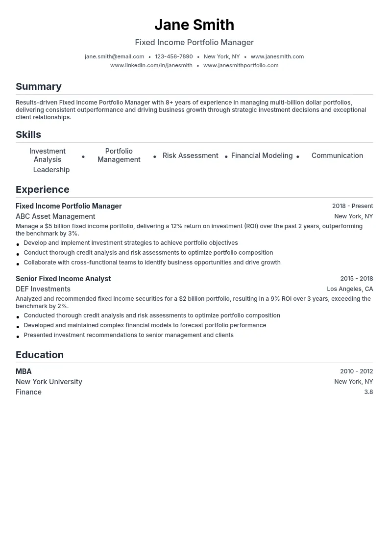 Fixed Income Portfolio Manager resume example