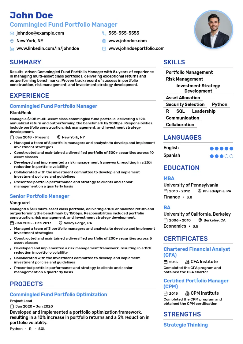 Commingled Fund Portfolio Manager resume example