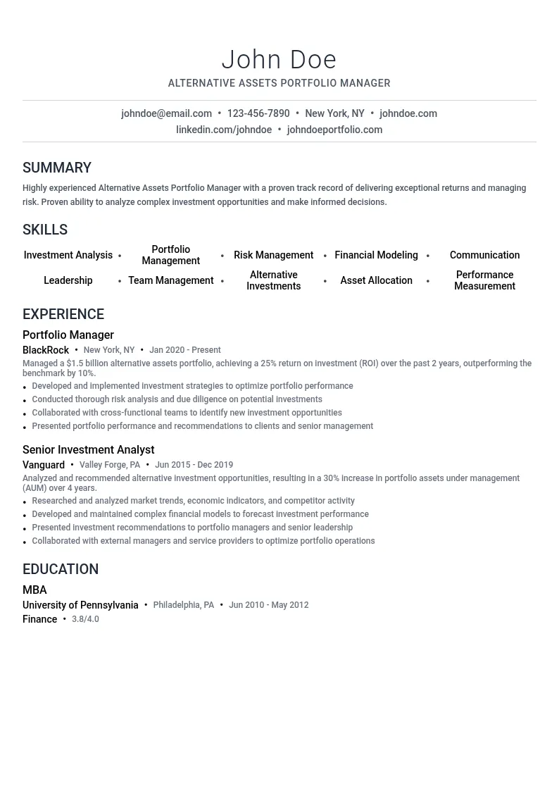 Alternative Assets Portfolio Manager resume example